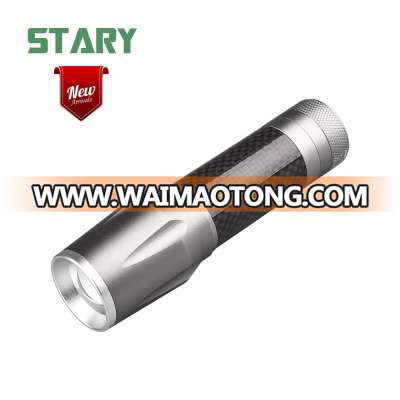 New arrival Swiss Peak xpe 5w rotate zoom led aluminum flashlight torch light with carbon fiber tube and bottle opener